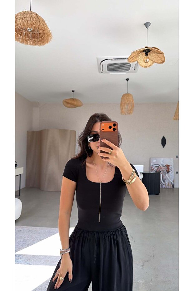 Black Square Collar Basic Cotton Pack Cropped Tshirt - 3