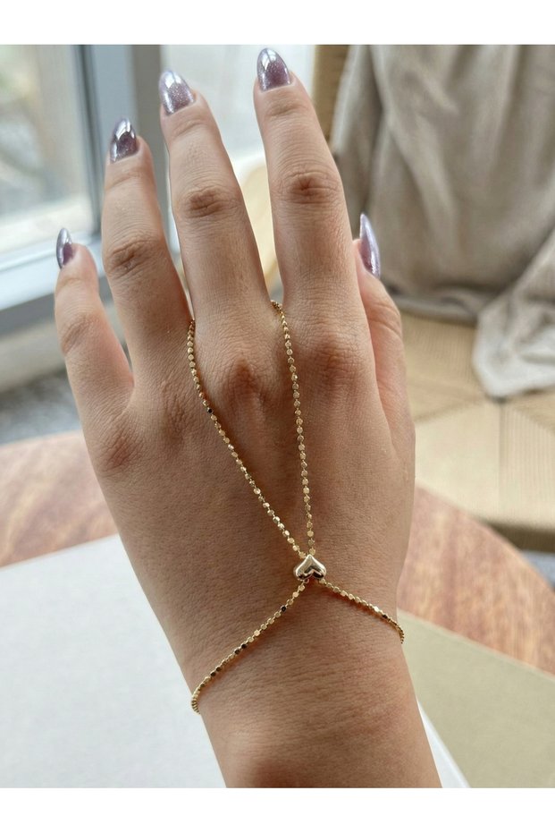Gold Color Heart Detailed Thin Chain Women's Shahmeran Bracelet