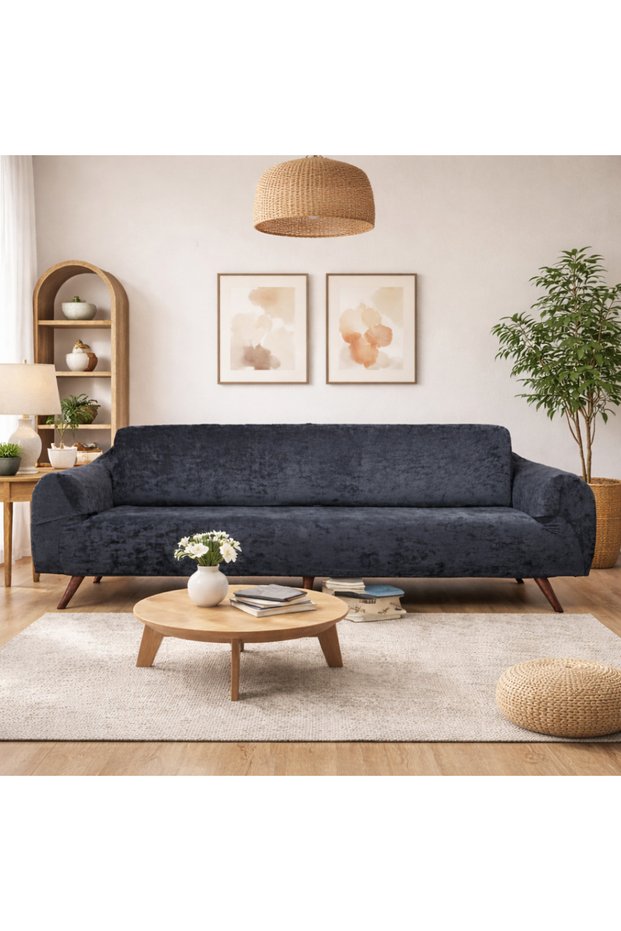 Velvet Seat Cover Set 3+3+1+1 Non-Slip Full-Fit Sofa Bed Cover with Stretchy Elastic Bands
