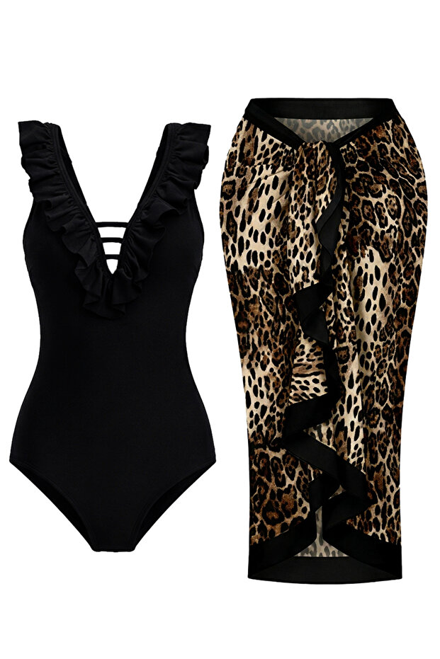 Slimming Effect Ruffled Front Black Swimsuit L Leopard Printed I Pareo Set of 2