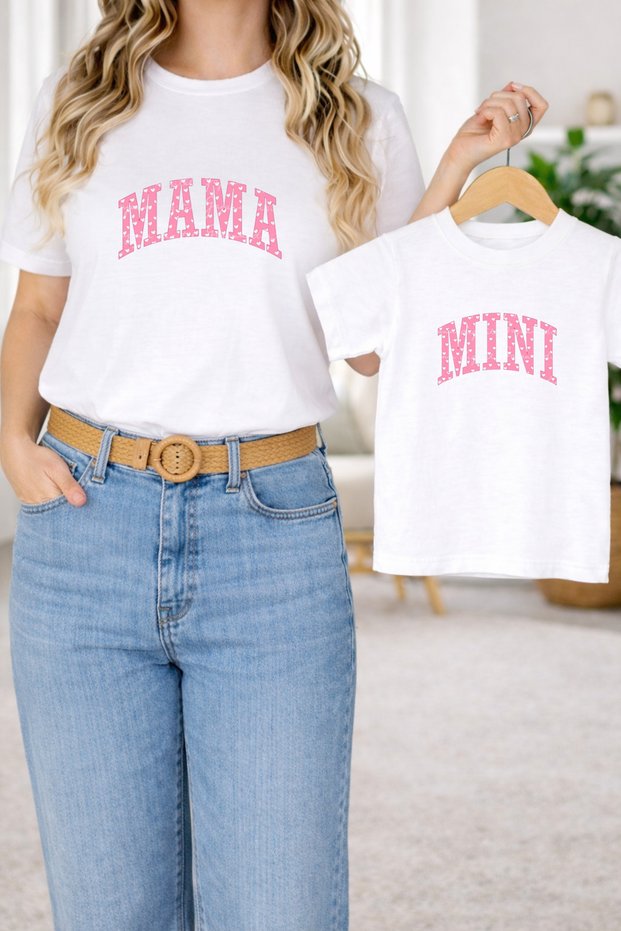 T-Shirt Twin Mother Daughter Combination Oversized – Mother & Child T-Shirt Pink Mama Mini Print (Single Price)