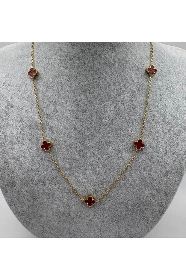 Çelik Mini Bordo Yonca Çift Taraflı Kolye - 2