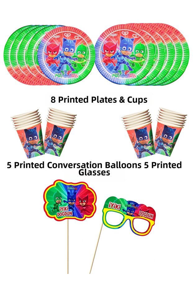 Pj Mask Printed 8-Person Plate, Cup & 5 Speech Bubbles & Glasses Cake Topper Party Set