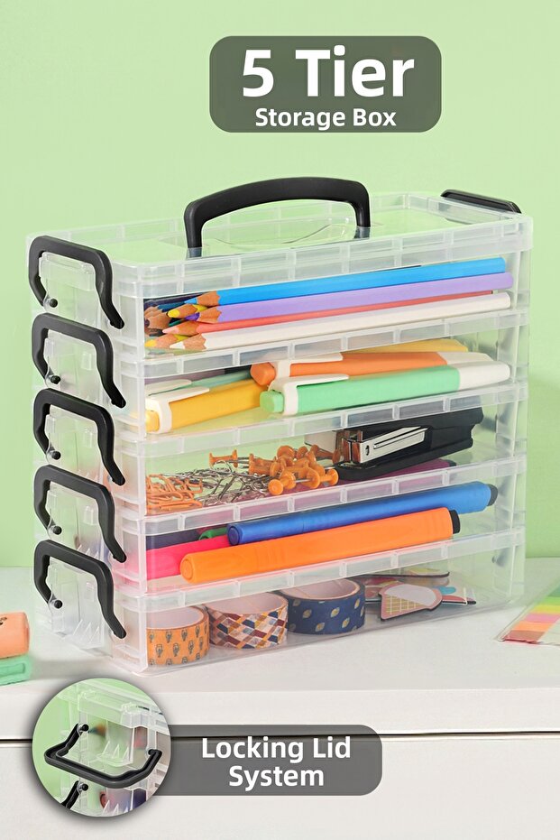 5-Layer Organizer Storage Box - Transparent Multi-Purpose Desktop Organizer Box with Locking Lid
