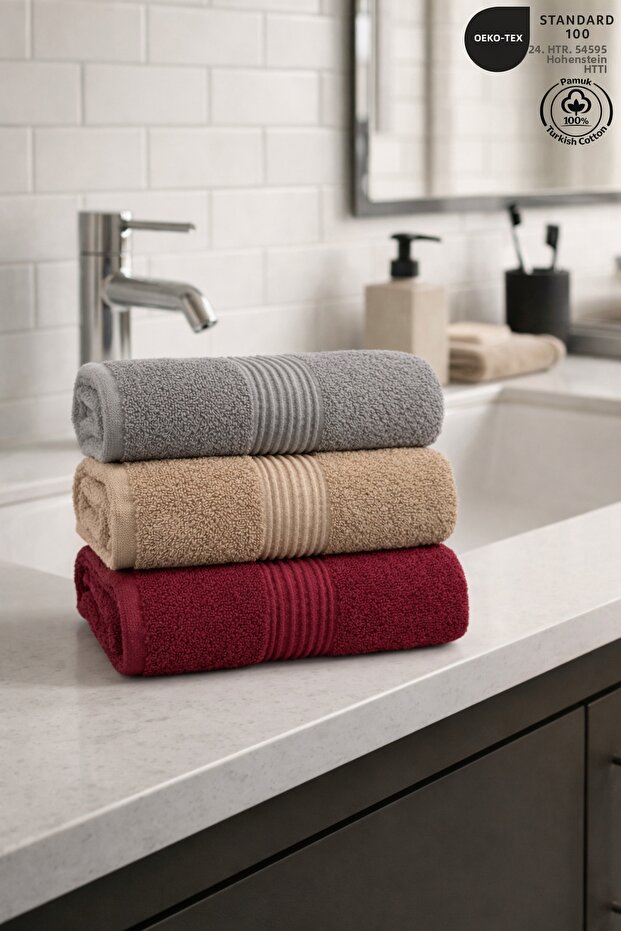 3-Piece Hand and Face Towel Set 100% Cotton Certified Bathroom, Kitchen, Dowry Towels 50X90Cm - Gray Beige Claret Red