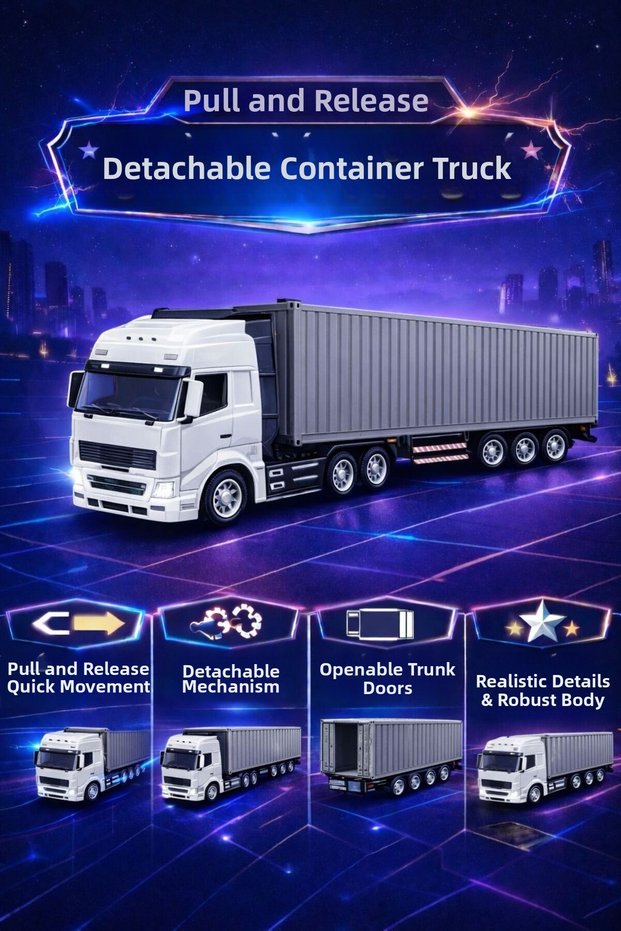 30 cm Pull and Drop Detachable Dorse Container Truck with Opening Luggage Door Diecast Metal Toy Truck