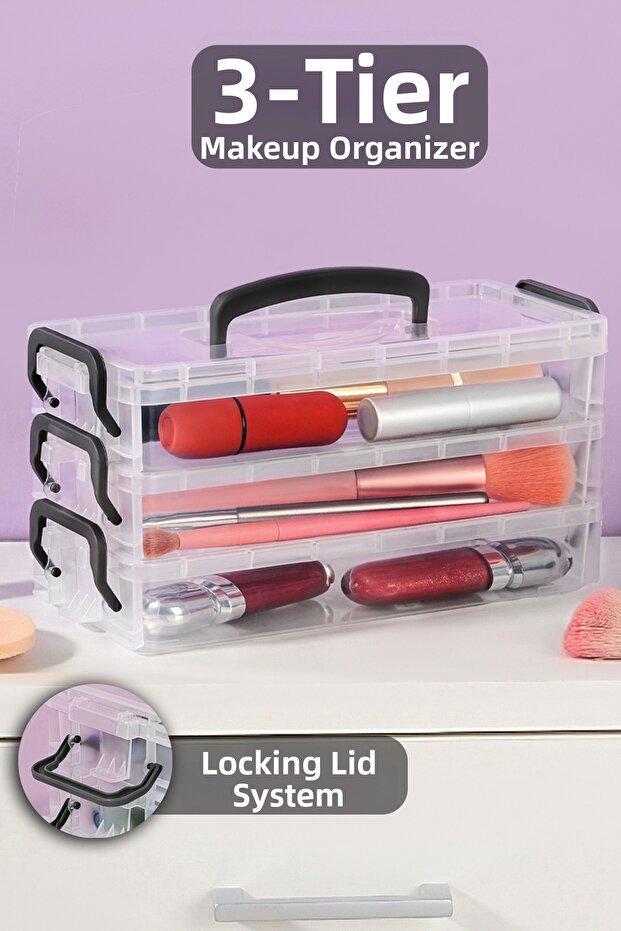 3-Piece Makeup Organizer with Lid - Transparent Modular Jewelry and Accessory Organizer Locking Box