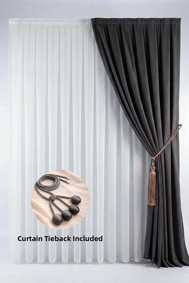 Dark Gray Velvet Msi Curtain Panel 1/3 Closely Pleated Li (V-42) (Fon Bağı Gift)