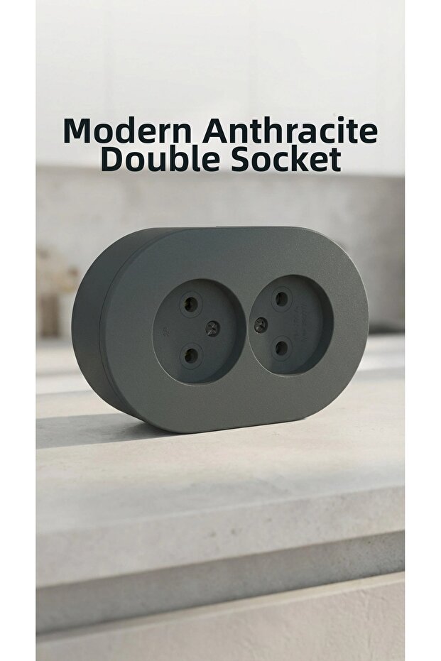 مقبس كهربائي مزدوج مثبت على السطح بلون أنثراسايت، وصلة كهربائية مزدوجة