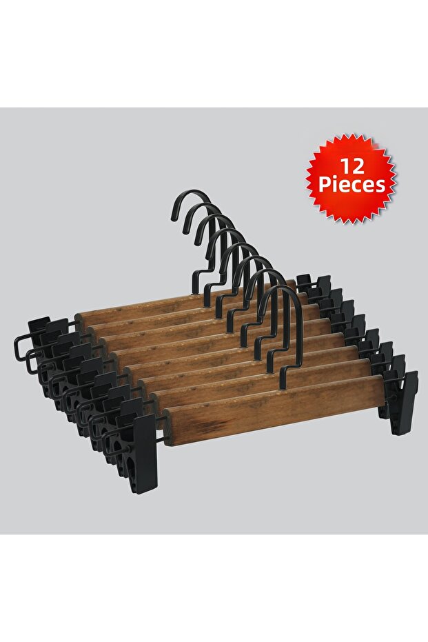 Wooden (Black Hook Lama) Clothes Hangers for Pants and Skirts, Walnut Color, 12 Pieces