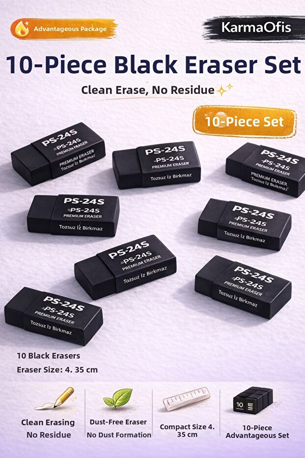 Set of 10 Black Erasers Ps-24S | Dust-Free Non-Marking Soft Eraser | School Office Drawing Eraser