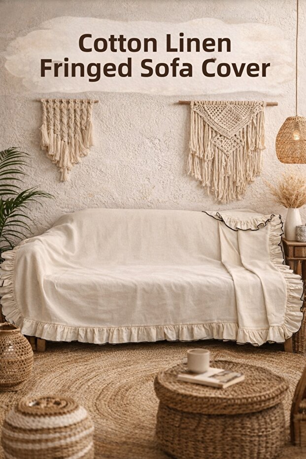 Cotton Linen Ruffled Sofa Cover 180X220 cm (Black Trim)
