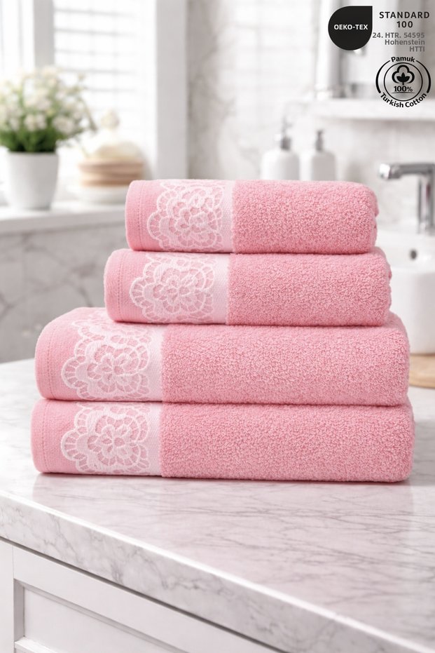 Milano 4-Piece Guipure Lace Towel Set 100% Cotton Certified Bath Towels Jacquard 50X90Cm 70X140Cm - Pink