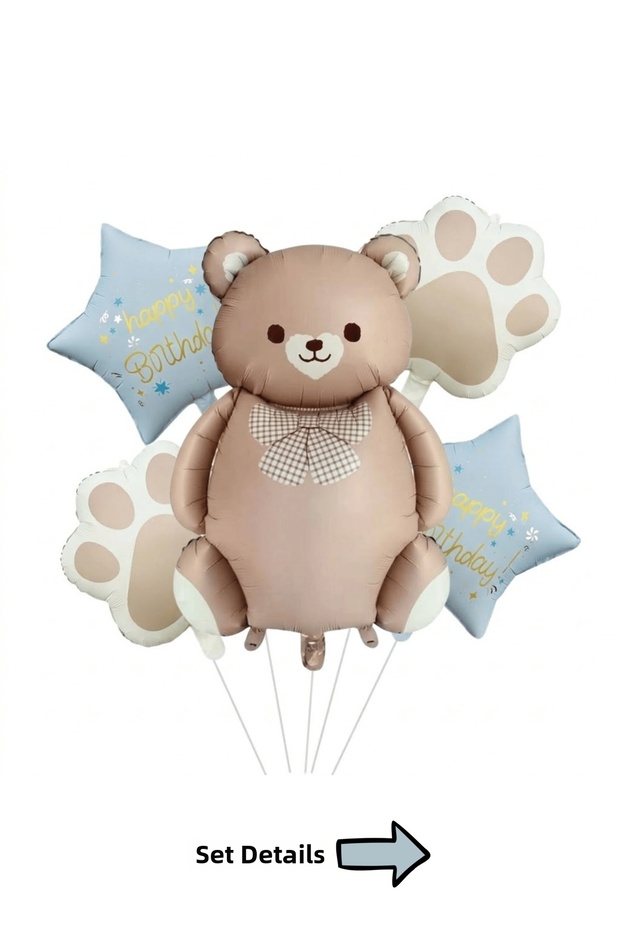 Bear Themed Foil Balloon Set 5 Pieces Brown Bear Paw and Blue Star Birthday Party Decoration