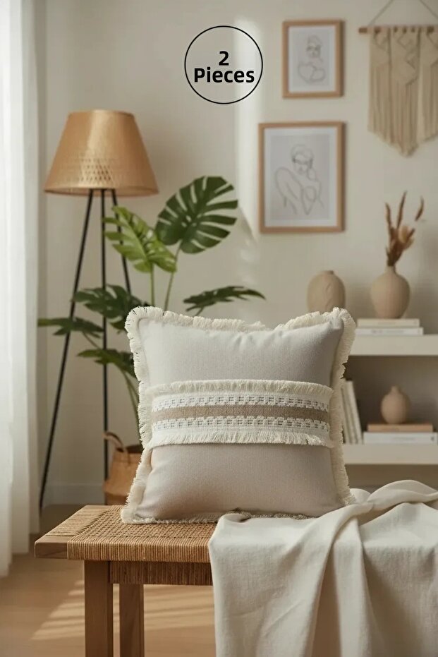 Linen Beige Thick Lace Cushion 2 Pieces Cushion Cover (43 X 43)