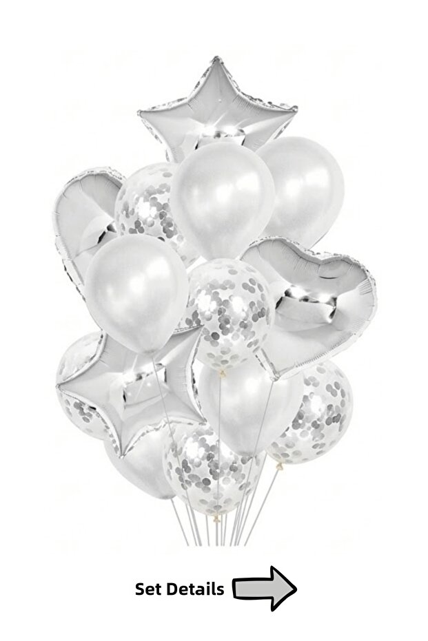 Silver Star Heart Foil Confetti Birthday Balloon Set 14 Pieces Party Decoration