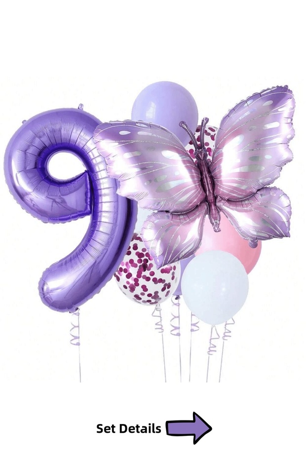 9 Year Old Purple Butterfly Themed Birthday Balloon Set Party Decoration