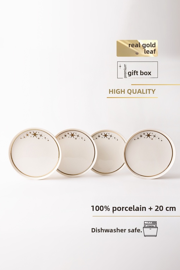 Sparkle Real Gold Gilded Star Patterned 4-Piece Porcelain Cake Plate 21 cm