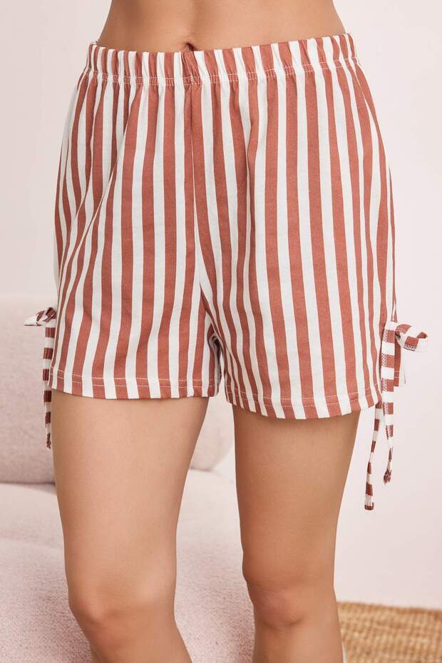 Ekru %100 Pamuklu Çizgili Bağlama Detaylı Şortlu Örme Pijama Takımı THMSS25PT00145 - 4