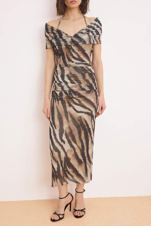 Renkli Zebra Desenli Düz Büzgü / Drape Örme Tül Midi Astarlı Party Elbise - 4