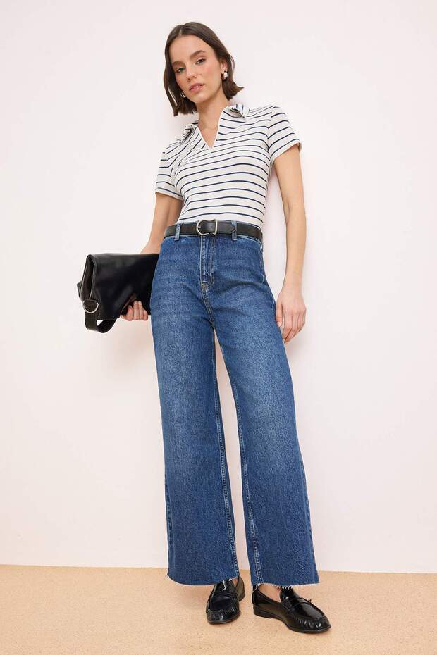 Koyu Mavi Yüksek Bel Az Esnek Culotte Bilek Boy Jeans TWOSS26JE00203