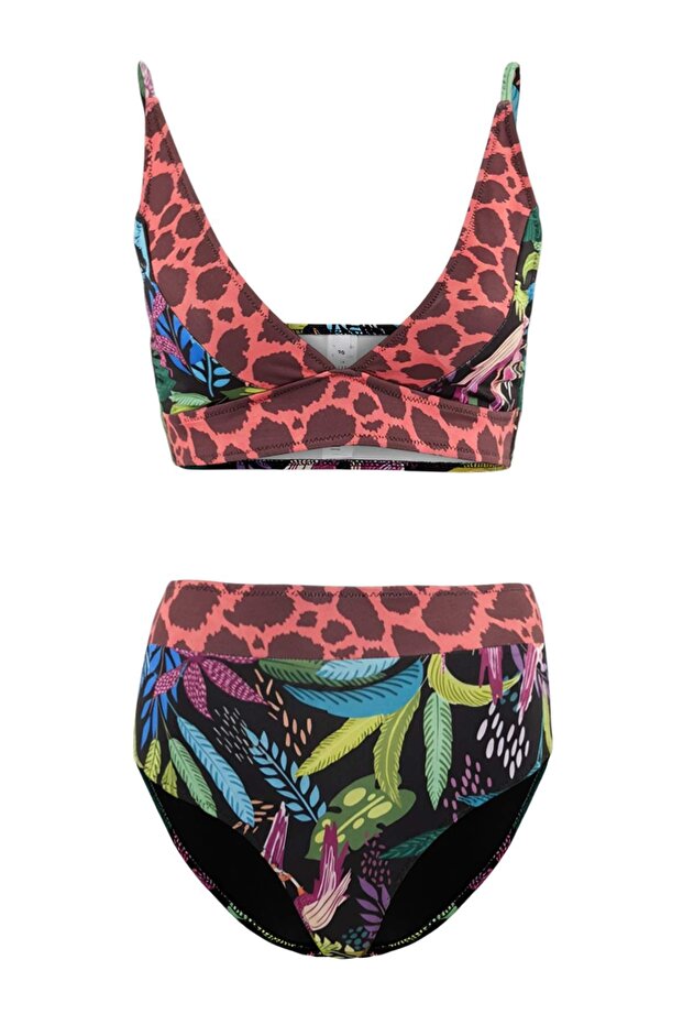 Tropikal Desenli Üçgen Kaplı Hipster Yüksek Bel Bikini Takımı TBESS25BT00095 - 3