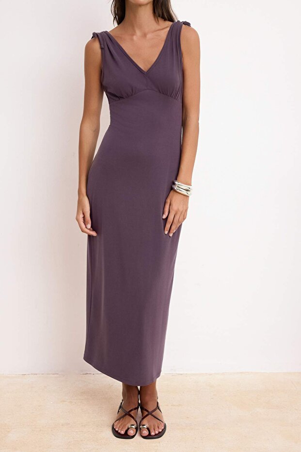 More Sustaniable Mürdüm Bodycon V Yaka Kolsuz Bağlamalı Modal Premium Örme Elbise TWOSS26EL00205 - 3