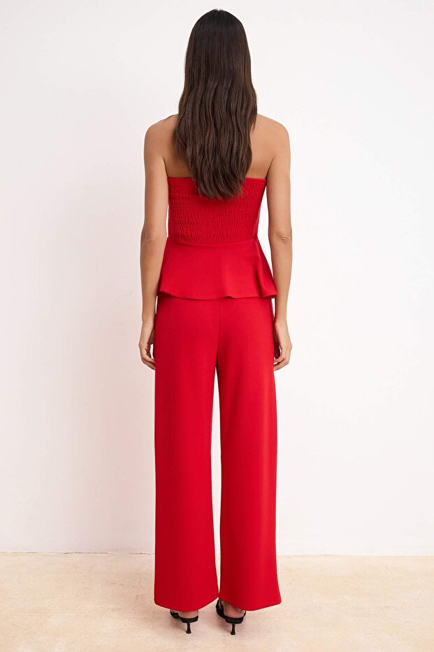 Kırmızı Peplum Kolsuz Geniş Paça Soft Touch Örme Alt-Üst Takım TWOSS26AU00005 - 4