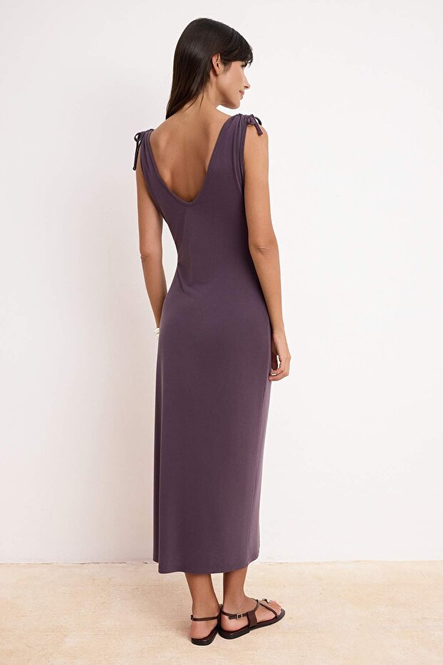 More Sustaniable Mürdüm Bodycon V Yaka Kolsuz Bağlamalı Modal Premium Örme Elbise TWOSS26EL00205 - 4