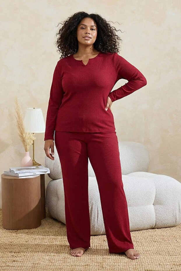 Bordo V Yaka Kaşkorse Örme Pijama Takımı TBBAW25AI00046 - 1