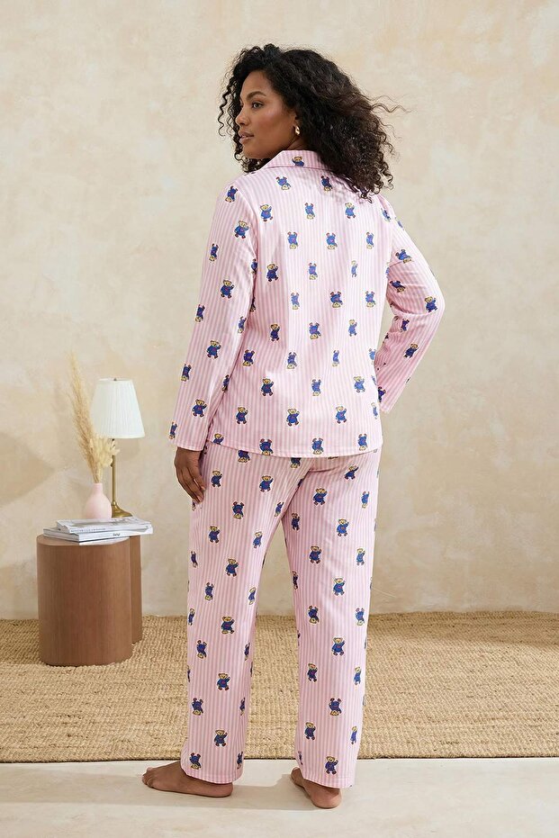 Pembe Çizgi&Kalp Desenli Gömlek Yaka Dokuma Pijama Takımı TBBAW26AI00029 - 2