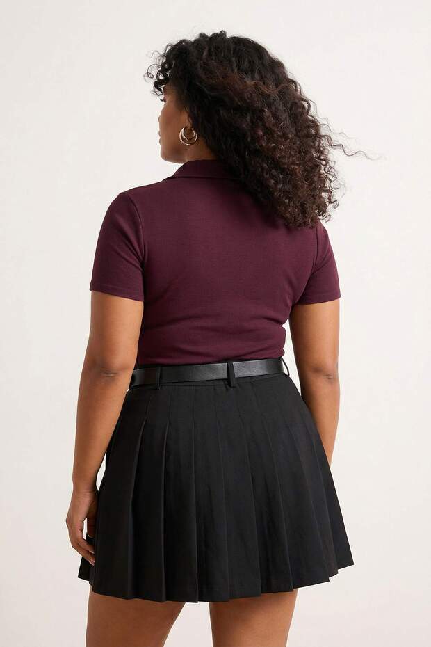 Mürdüm Polo Yaka Vücuda Oturan Fitilli Örme Bluz TBBSS22BZ0750 - 2