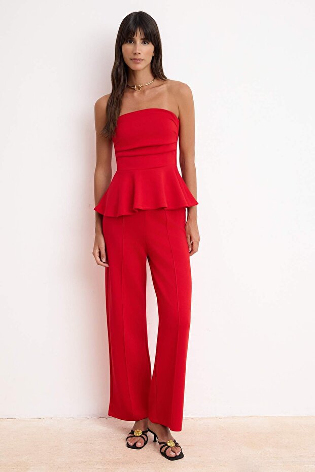 Kırmızı Peplum Kolsuz Geniş Paça Soft Touch Örme Alt-Üst Takım TWOSS26AU00005 - 2
