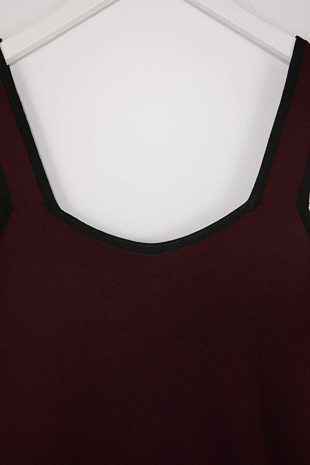 Bordo Çizgi Detaylı Kare Yaka Bodycon İnce Triko Bluz TBBSS24AF00052 - 5