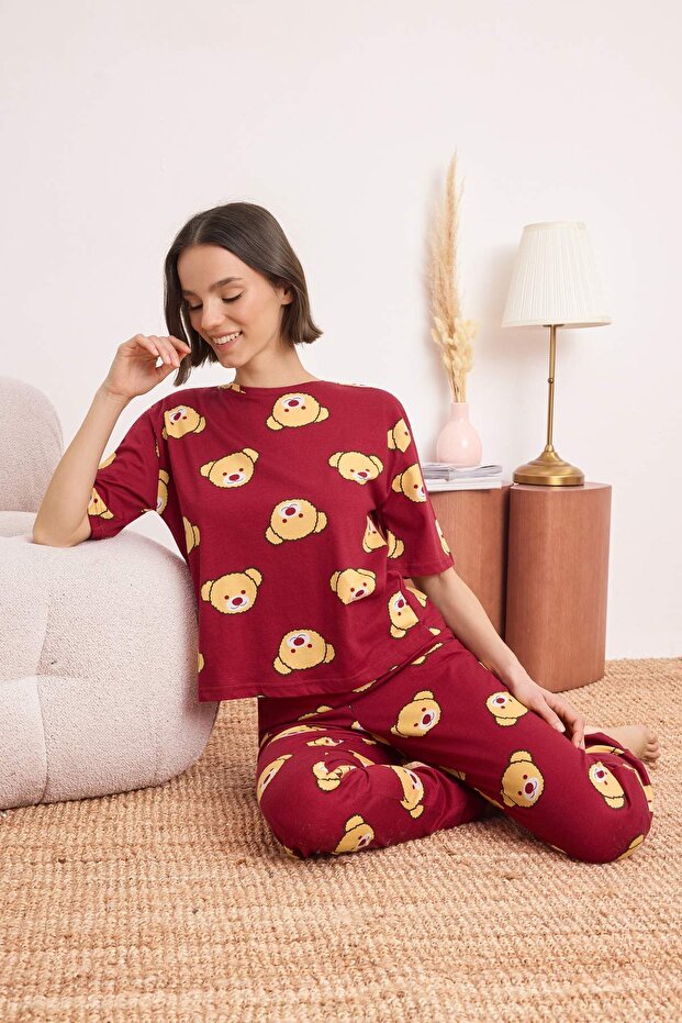 Trendyolmilla  Bordo %100 Pamuklu Ayıcıklı Örme Pijama Takımı THMSS21PT0195 - Görsel 3