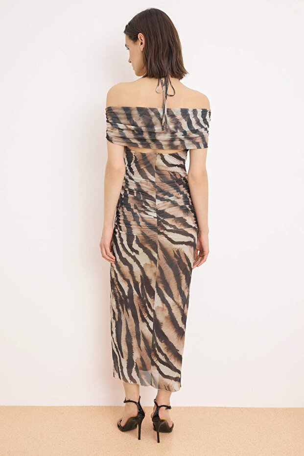 Renkli Zebra Desenli Düz Büzgü / Drape Örme Tül Midi Astarlı Party Elbise - 5