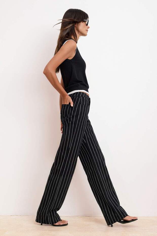 Siyah Lurex Çizgili Yüksek Bel %100 Pamuk Wide Leg Jeans TWOSS26JE00071 - 2