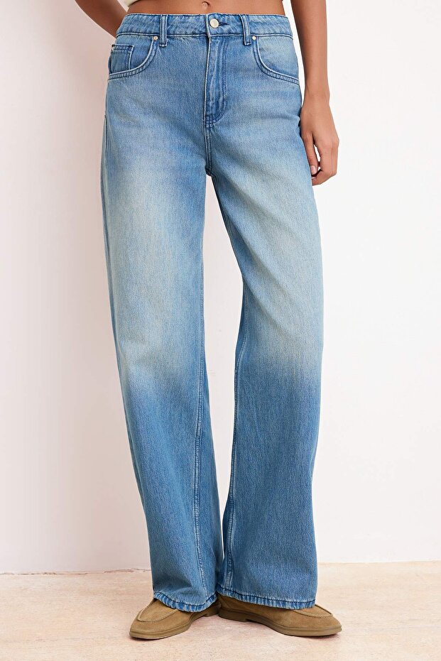 Mavi DÖKÜMLÜ Yüksek Bel %100 Pamuk Wide Leg Jeans TWOSS26JE00115 - 3