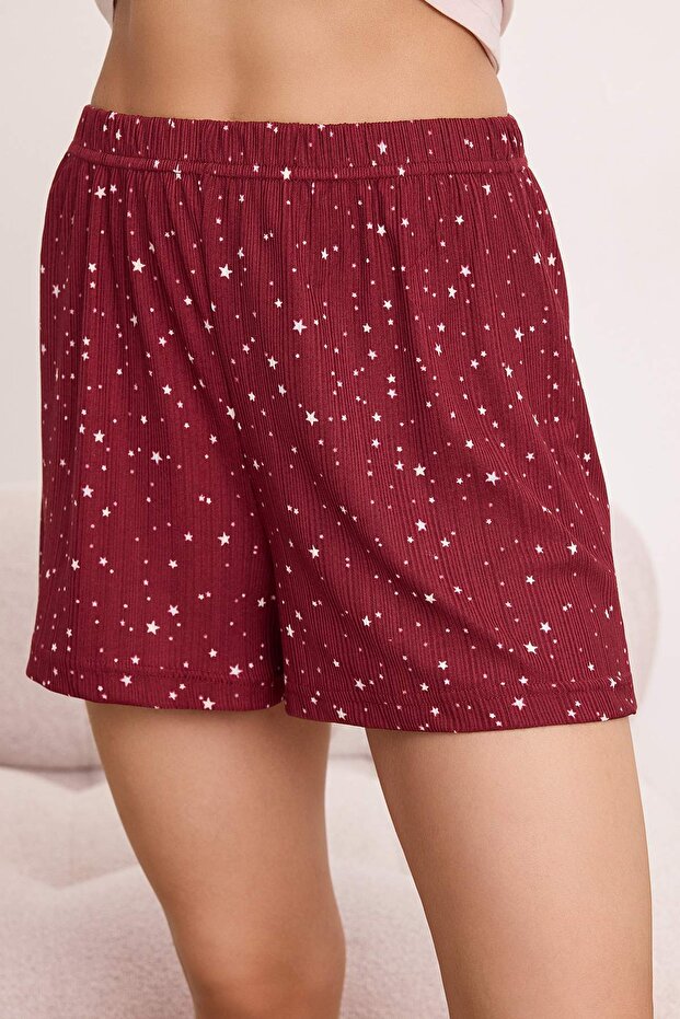 Bordo-Pembe %100 Pamuklu Yıldız Desenli Şortlu Örme Pijama Takımı THMSS24PT00202 - 3