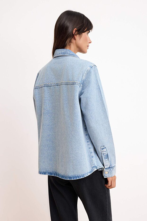 Açık Mavi Trok Detaylı Regular 100% Pamuk Oversize Denim Gömlek Ceket TWOSS26GO00003 - 4
