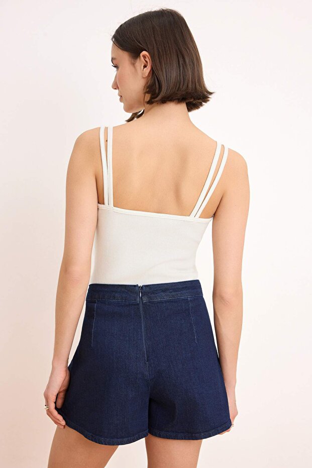 Koyu Mavi Volanlı %100 Pamuk Denim Şort Etek TWOSS26SR00031 - 5