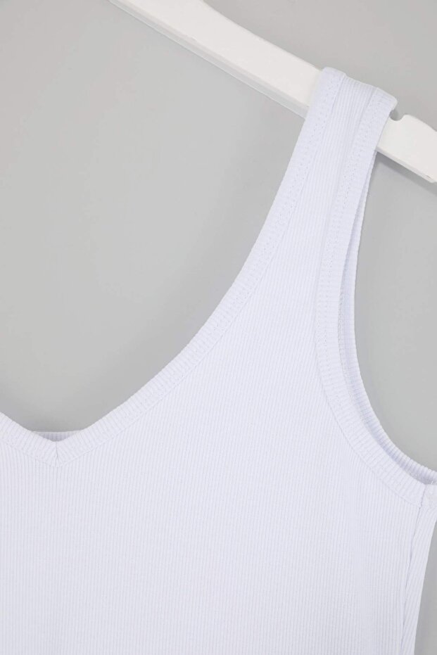 Beyaz Fitilli V Yaka Crop Esnek Örme Atlet TBBSS26CV00007 - 5