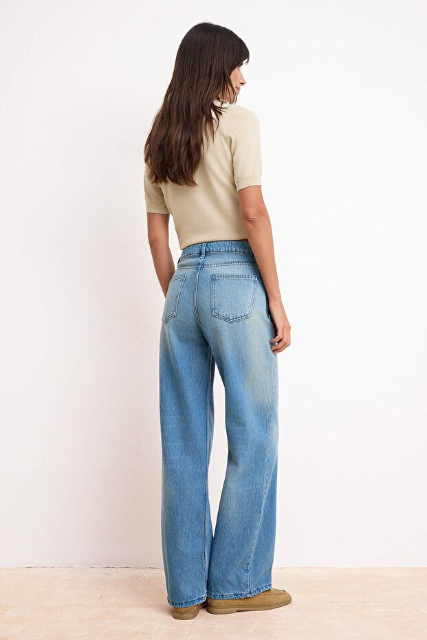 Mavi DÖKÜMLÜ Yüksek Bel %100 Pamuk Wide Leg Jeans TWOSS26JE00115 - 4