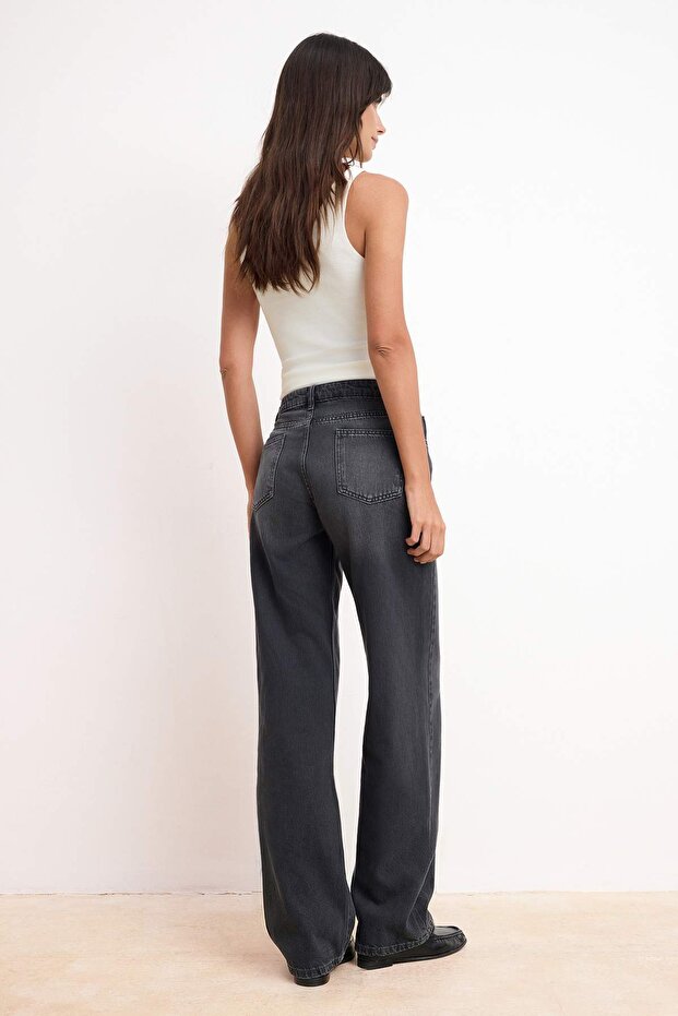 Siyah DÖKÜMLÜ Normal Bel %100 Pamuk Uzun Boy Wide Leg Jeans TWOSS26JE00129 - 4