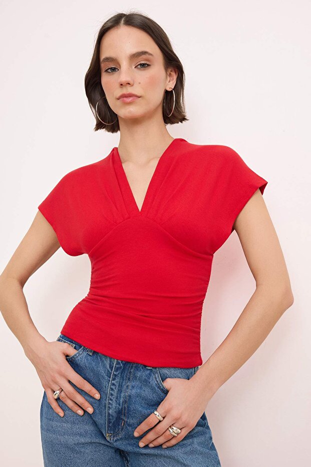 Red Fitted/Bodycon Shirred/Drape Detail Knitted Blouse Twoss25Bz00605