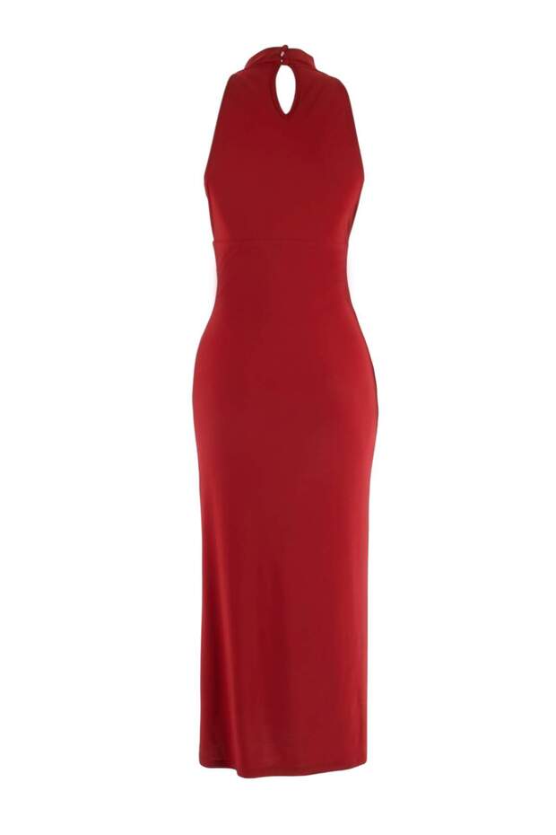 Kiremit Bodycon Halter Yaka Kolsuz Aksesuar Detaylı Midi Esnek Örme Elbise TWOSS26EL00267 - 6