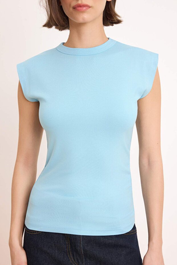 Açık/Bebe Mavi Viskoz/Yumuşak Kumaş Fitted/Vücuda Oturan Ay Kol Esnek Örme Bluz TWOSS23BZ00992 - 3
