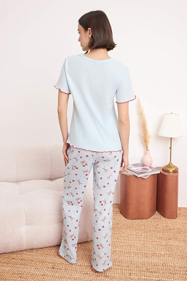 Açık Mavi %100 Pamuklu Kiraz ve Kurdele/Fiyonk Desenli Örme Pijama Takımı THMSS25PT00188 - 4