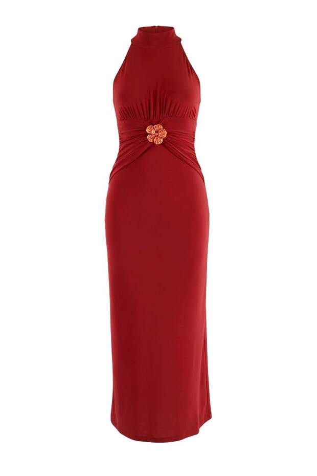 Kiremit Bodycon Halter Yaka Kolsuz Aksesuar Detaylı Midi Esnek Örme Elbise TWOSS26EL00267 - 5