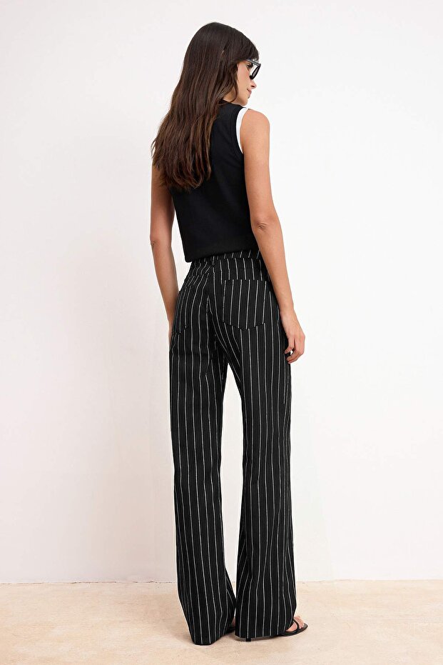 Siyah Lurex Çizgili Yüksek Bel %100 Pamuk Wide Leg Jeans TWOSS26JE00071 - 4